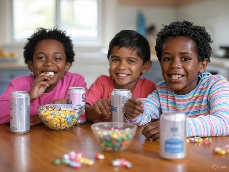 Photo of children eating candy and cereal